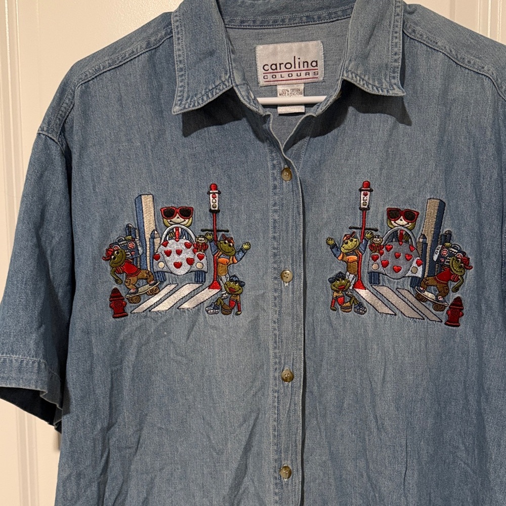 Vintage Denim Shirt with Embroidered Frog Design by Carolina Colours